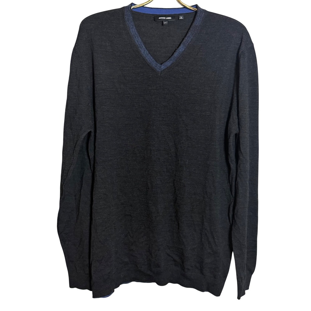 Jared‎ Lang Mens 3XL Charcoal Gray Merino Wool Blend V-Neck Sweater Blue Trim